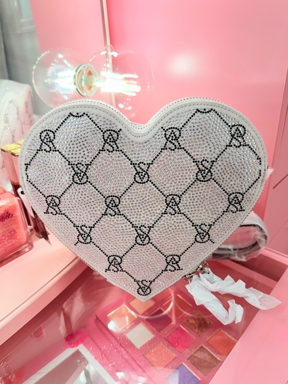 Victoria’s Secret Heart Rhinestone Crossbody Bag Silver Crystal Purse NWT